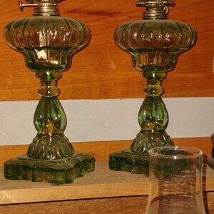 Vintage green depression glass oil lamps perfect condition